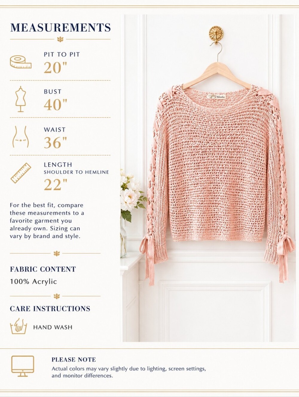Rewind Pink Open Knit Sweater Size Small Lace-Up Sleeve Lightweight Cottagecore - Picture 8 of 10